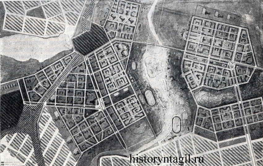 Эскизный проект застройки Северного района. 1935 г. (справа от реки - Красный Камень, слева между Выйским прудом и рекой - Выя)