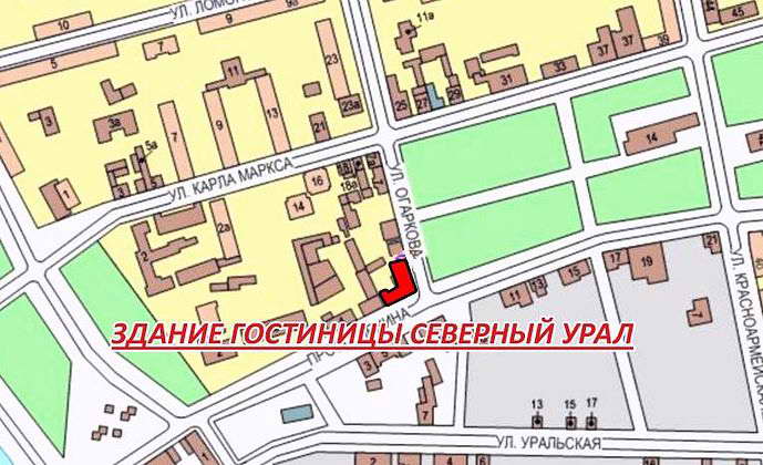 Здание гостиницы Северный Урал. Карта