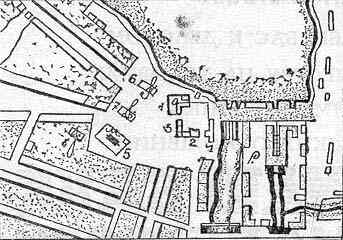 План предзаводской площади из собрания чертежей 1828 года. Цифрами помечены здания, составлявшие архитектурный ансамбль “Тагильского кремля”