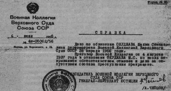Справка Военной коллегии Верховного Суда СССР от 28 апреля 1956 года об отмене приговора в отношении Ш.С.Окуджавы